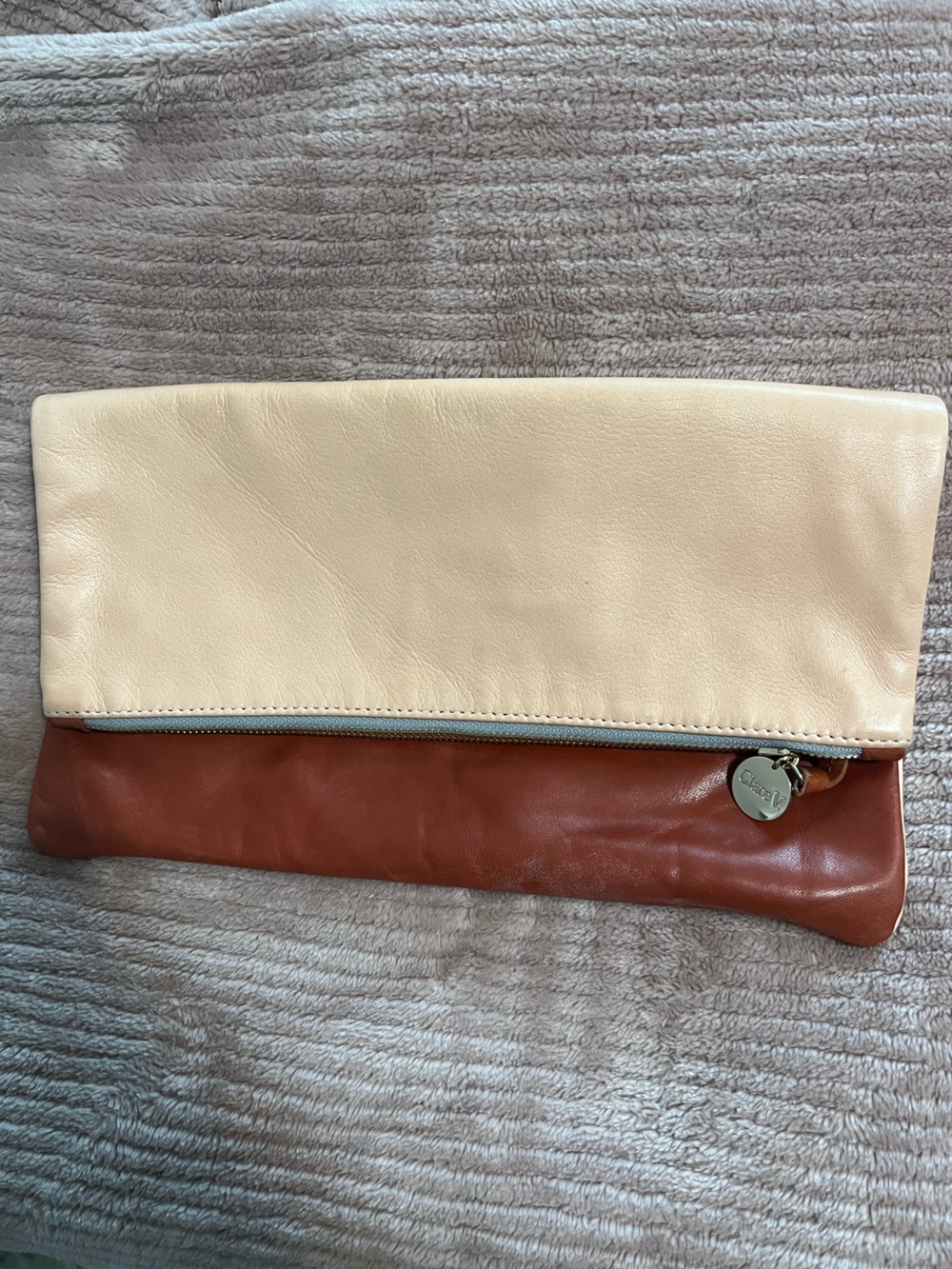 Clare V. Two-Tone Foldover Leather Clutch - Peach & Brown